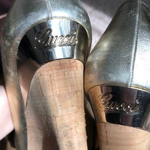 Gucci limited edition gold peep toe wedges.